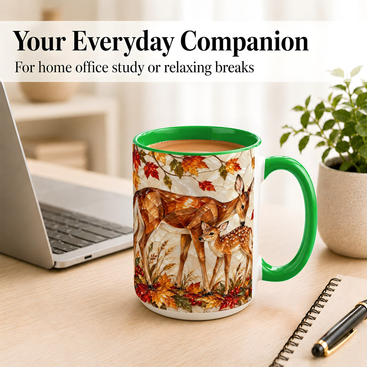 #pl[15oz|Green] Stained Glass Deer Coffee Mug, Doe Fawn Fall Mug, Ceramic Cup