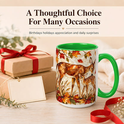 #pl[15oz|Green] Stained Glass Deer Coffee Mug, Doe Fawn Fall Mug, Ceramic Cup