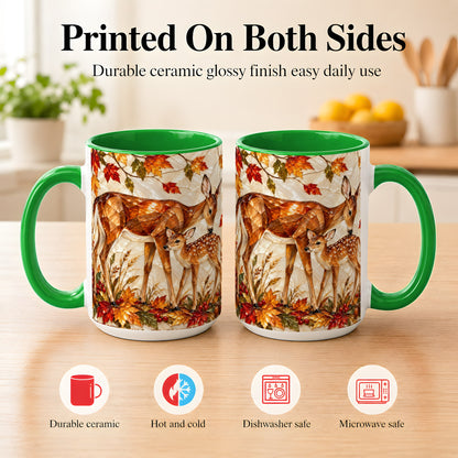 #pl[15oz|Green] Stained Glass Deer Coffee Mug, Doe Fawn Fall Mug, Ceramic Cup