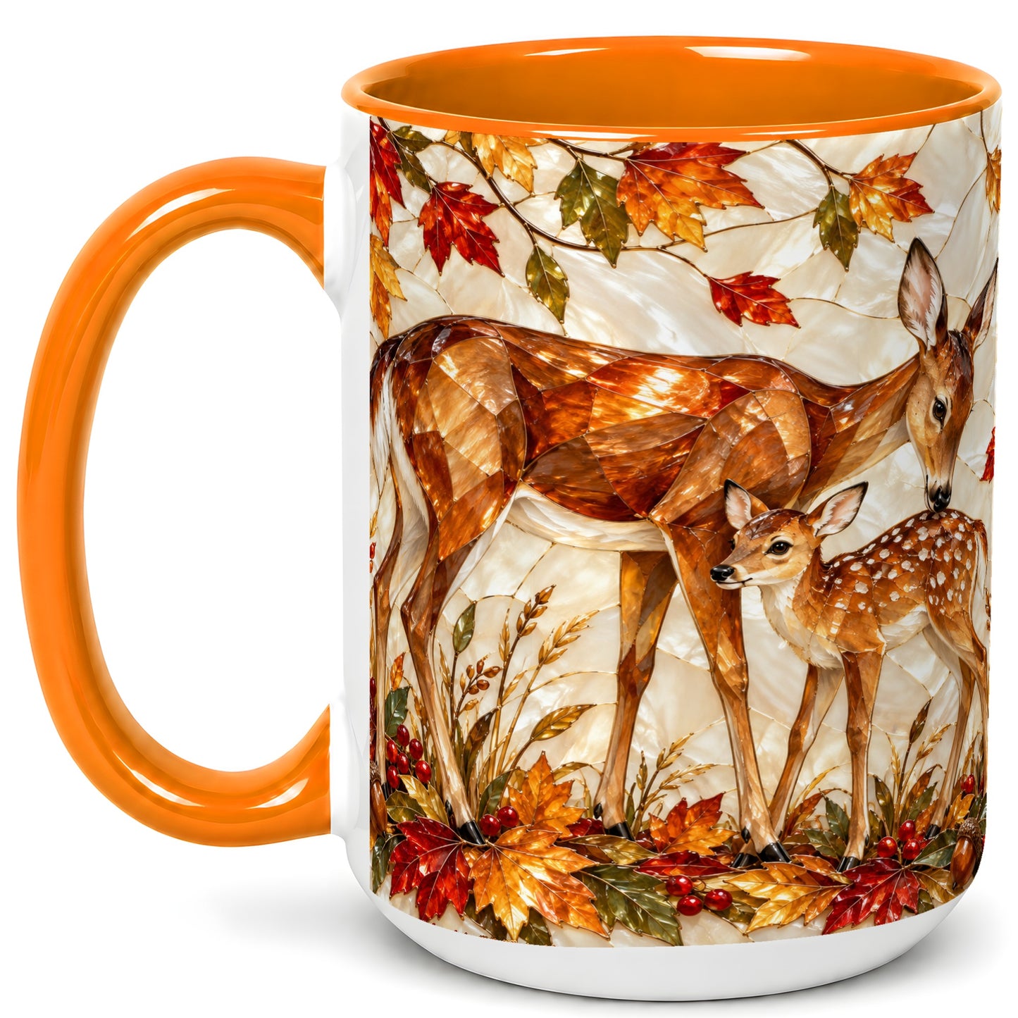 #pl[15oz|Orange] Stained Glass Deer Coffee Mug, Doe Fawn Fall Mug, Ceramic Cup
