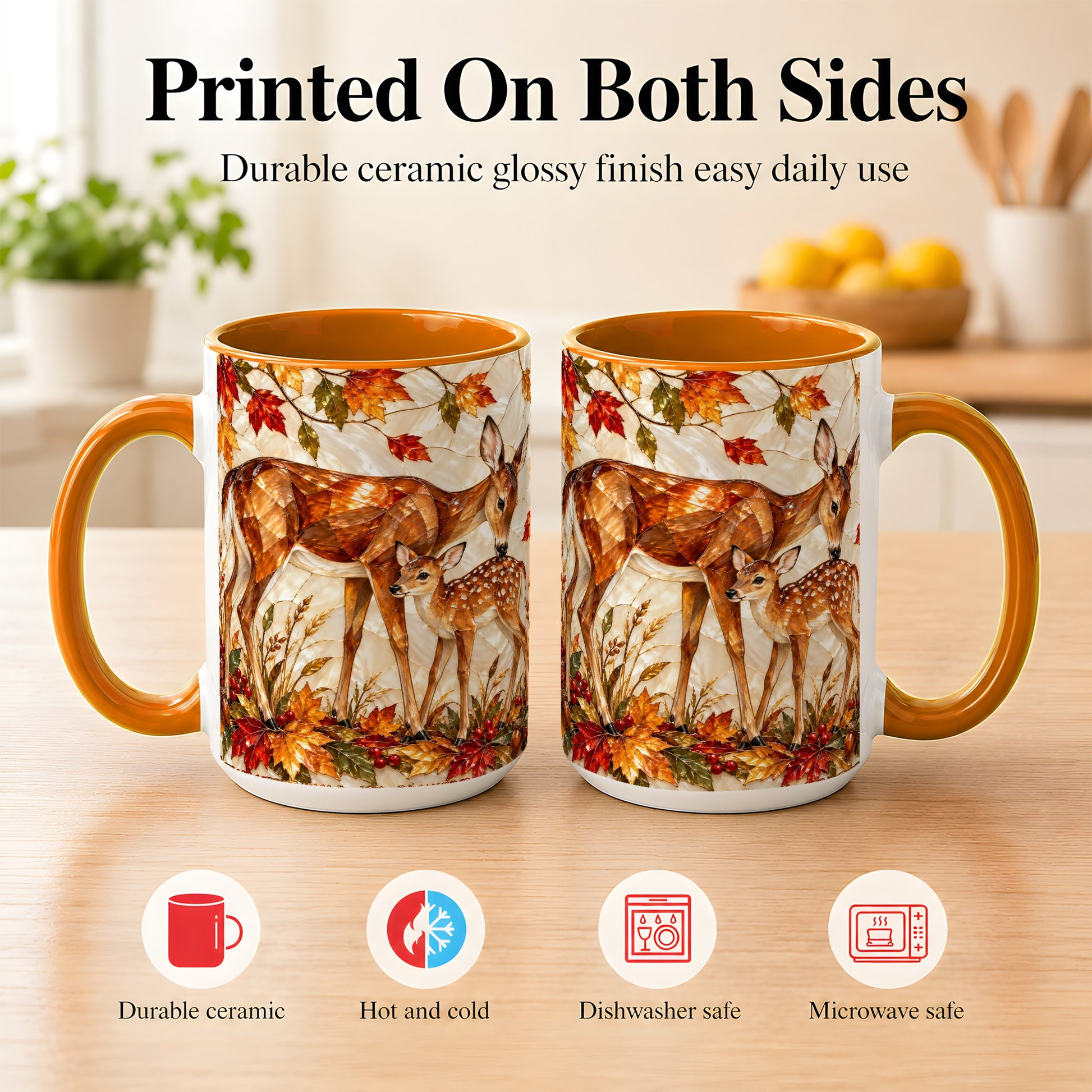 #pl[15oz|Orange] Stained Glass Deer Coffee Mug, Doe Fawn Fall Mug, Ceramic Cup