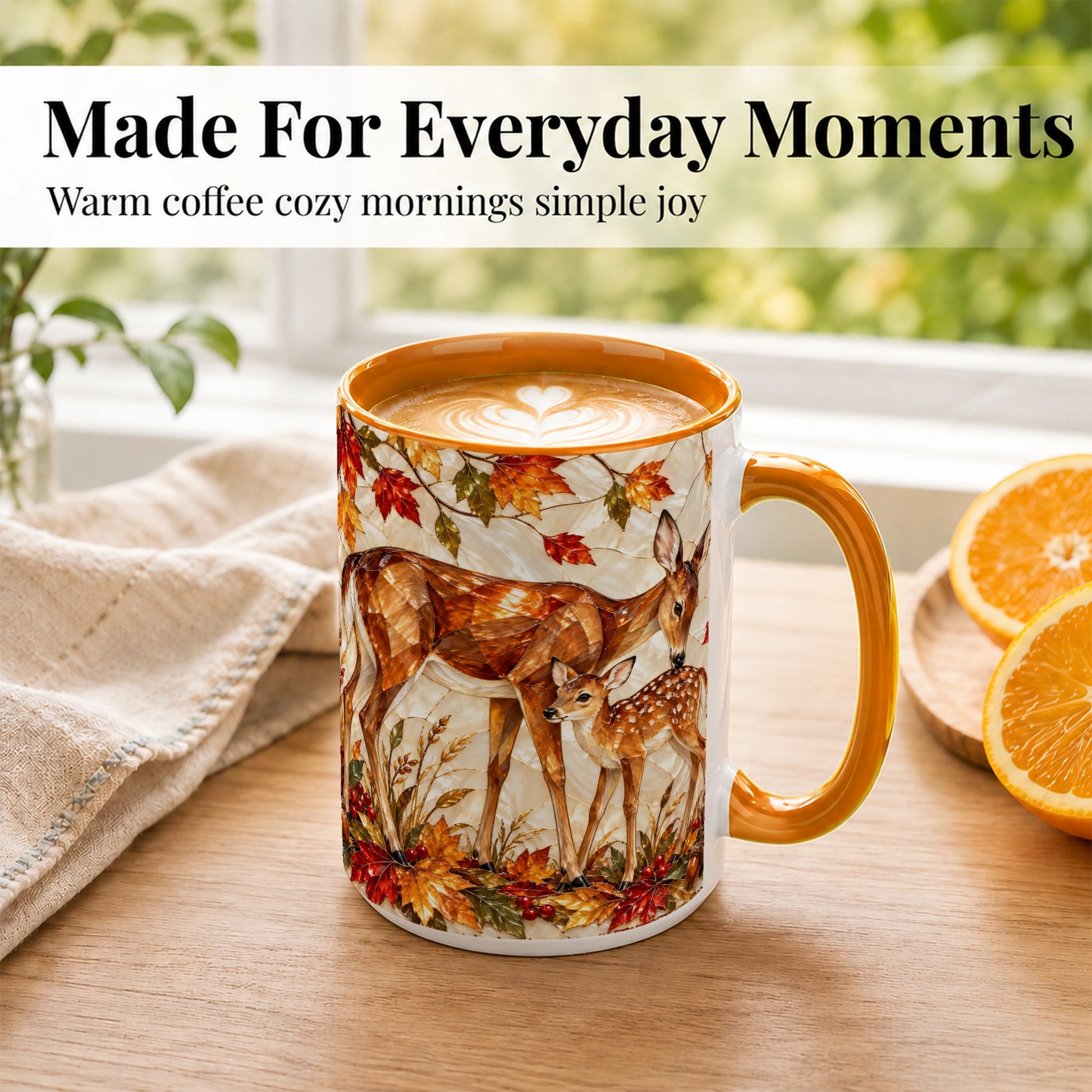 #pl[15oz|Orange] Stained Glass Deer Coffee Mug, Doe Fawn Fall Mug, Ceramic Cup