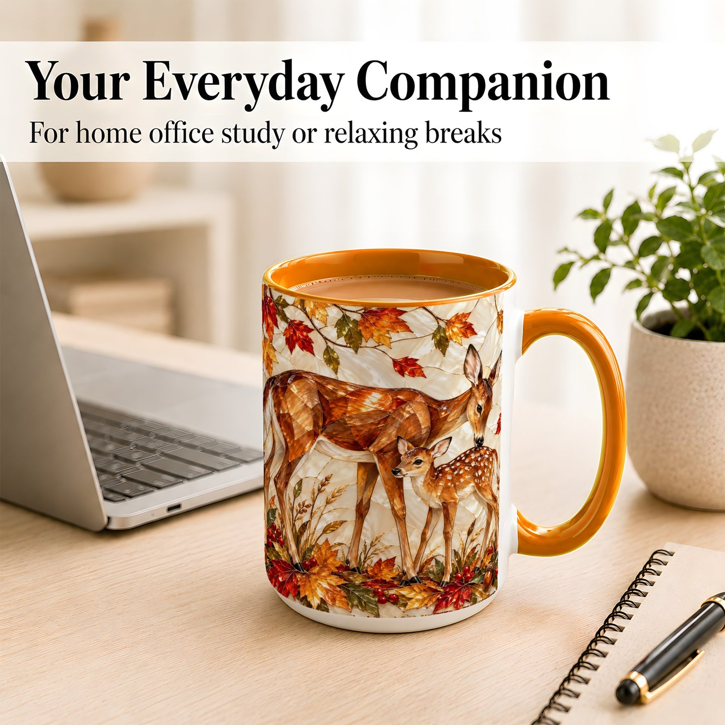 #pl[15oz|Orange] Stained Glass Deer Coffee Mug, Doe Fawn Fall Mug, Ceramic Cup