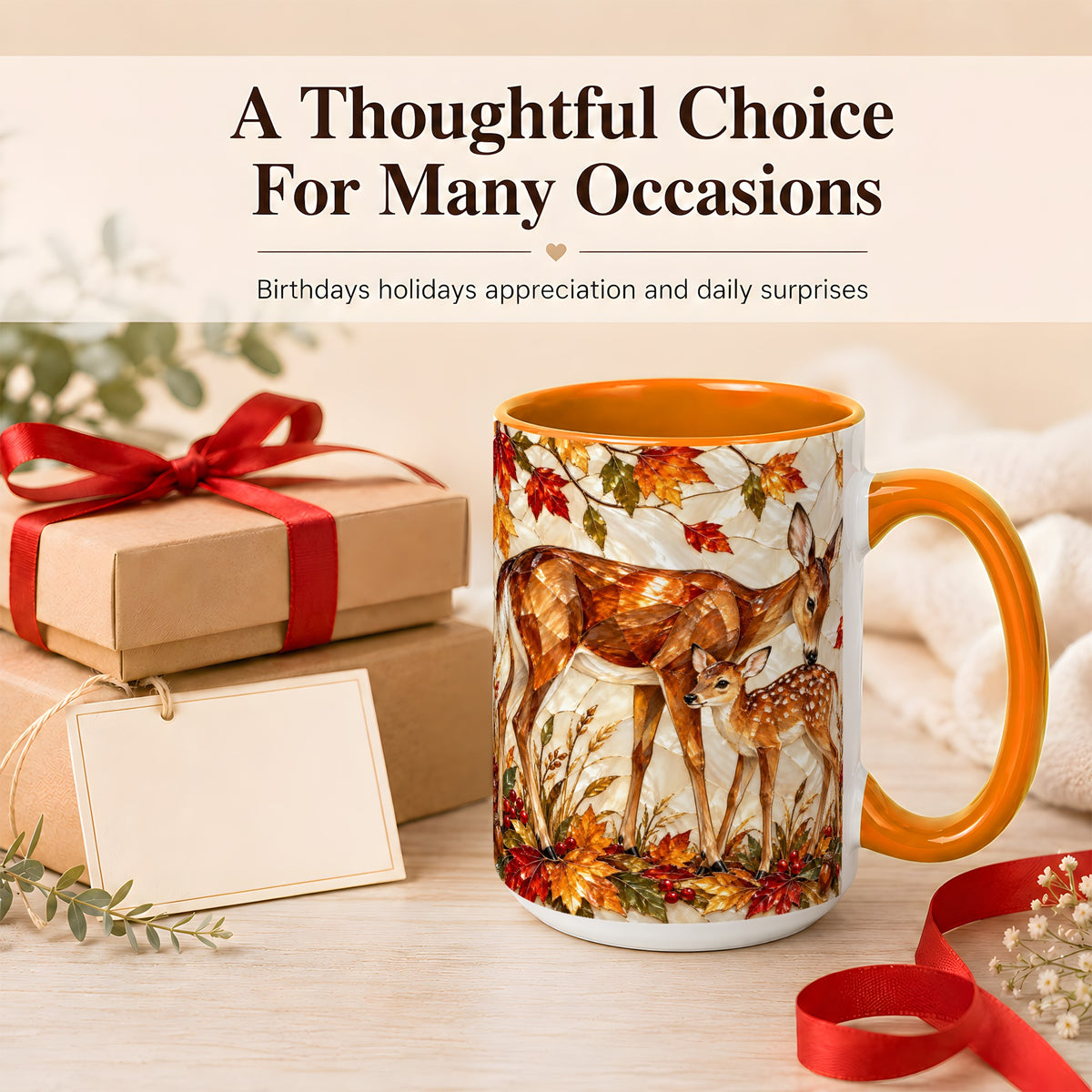 #pl[15oz|Orange] Stained Glass Deer Coffee Mug, Doe Fawn Fall Mug, Ceramic Cup