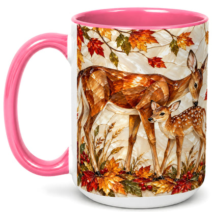 #pl[15oz|Pink] Stained Glass Deer Coffee Mug, Doe Fawn Fall Mug, Ceramic Cup