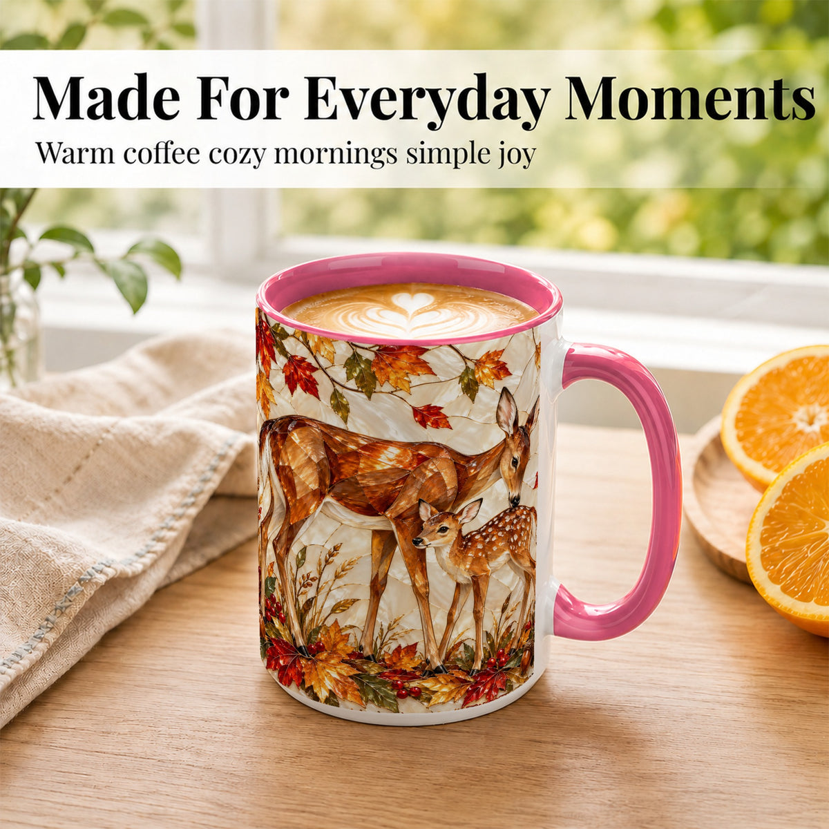 #pl[15oz|Pink] Stained Glass Deer Coffee Mug, Doe Fawn Fall Mug, Ceramic Cup