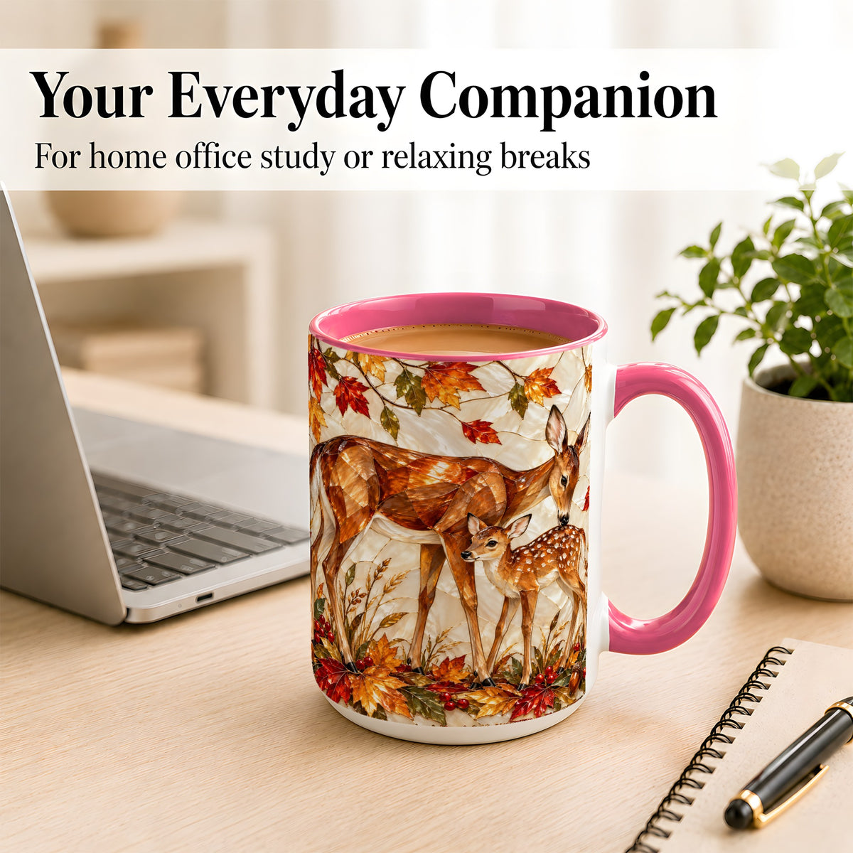 #pl[15oz|Pink] Stained Glass Deer Coffee Mug, Doe Fawn Fall Mug, Ceramic Cup