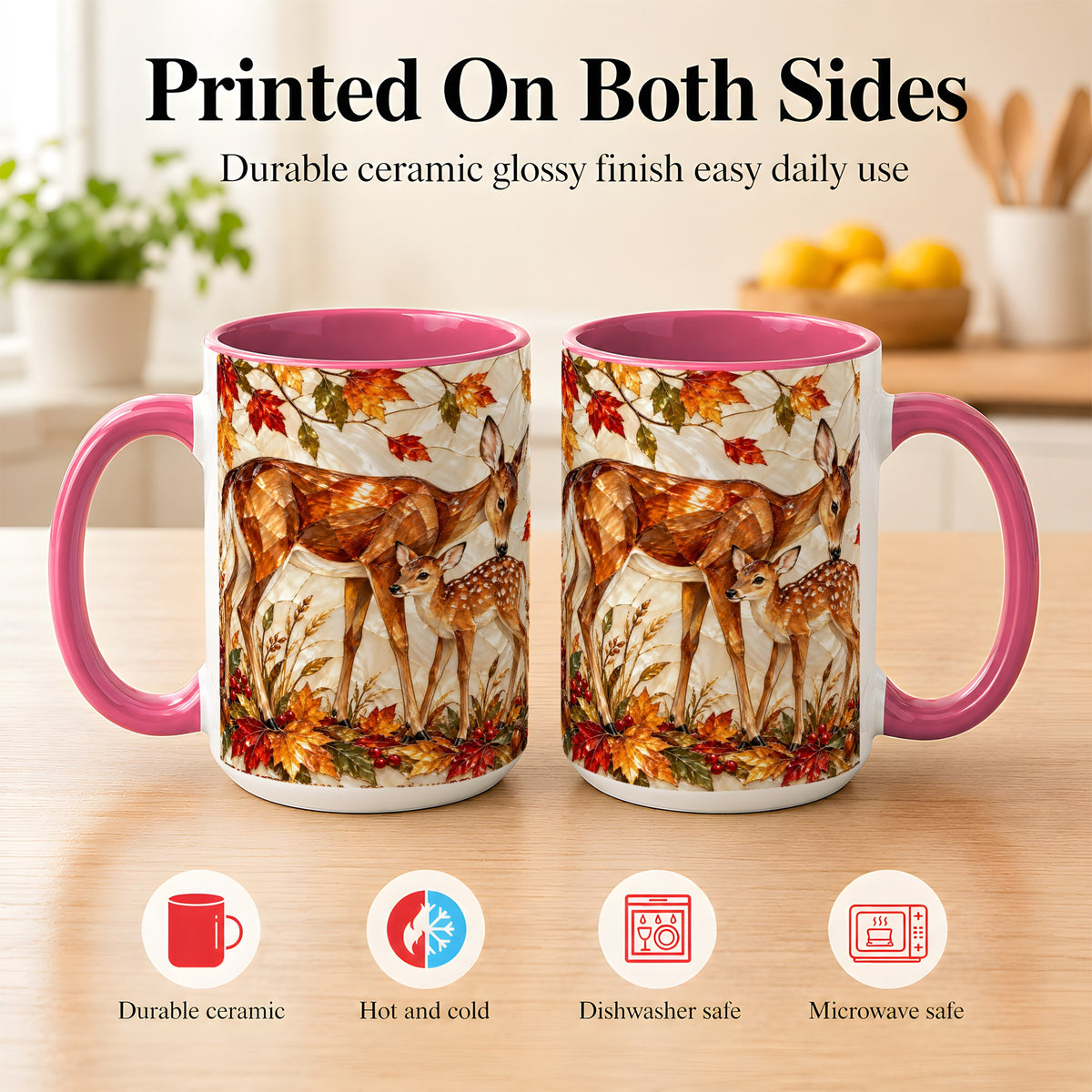 #pl[15oz|Pink] Stained Glass Deer Coffee Mug, Doe Fawn Fall Mug, Ceramic Cup