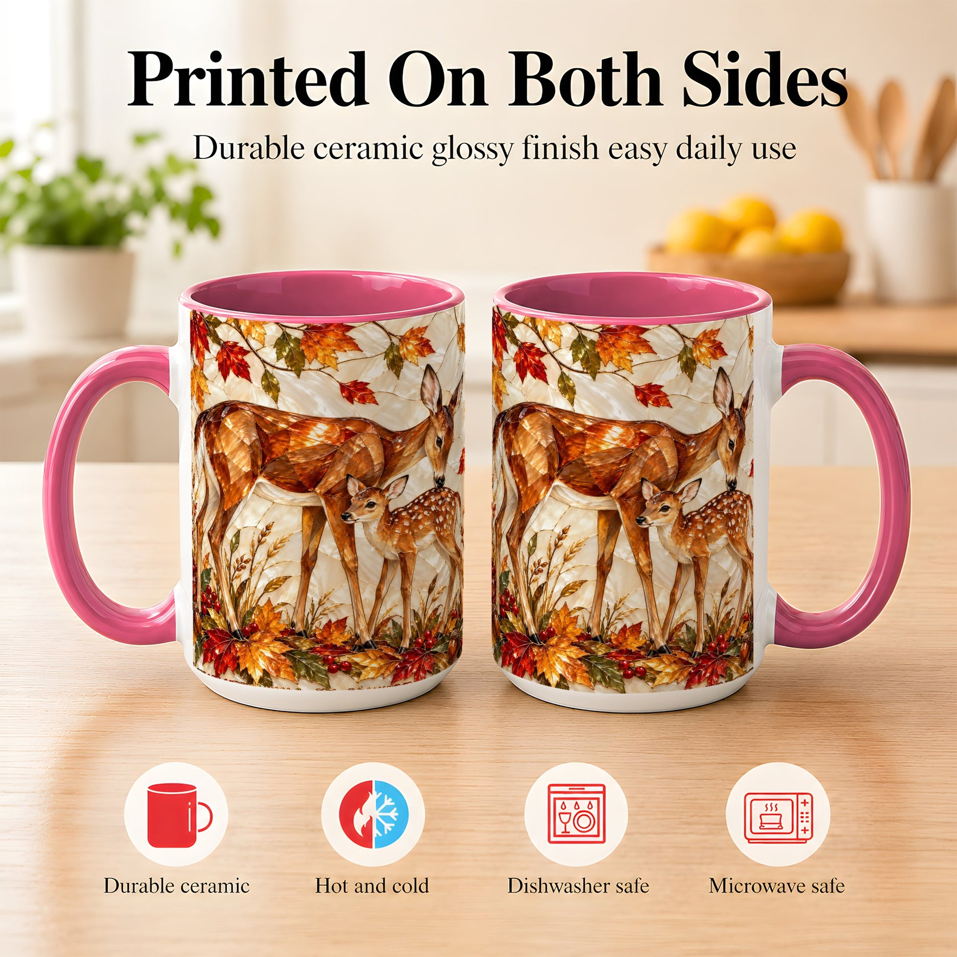 #pl[15oz|Pink] Stained Glass Deer Coffee Mug, Doe Fawn Fall Mug, Ceramic Cup