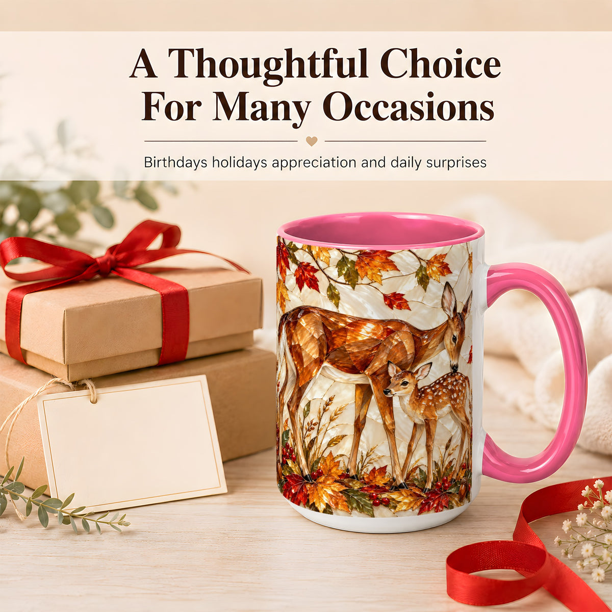 #pl[15oz|Pink] Stained Glass Deer Coffee Mug, Doe Fawn Fall Mug, Ceramic Cup