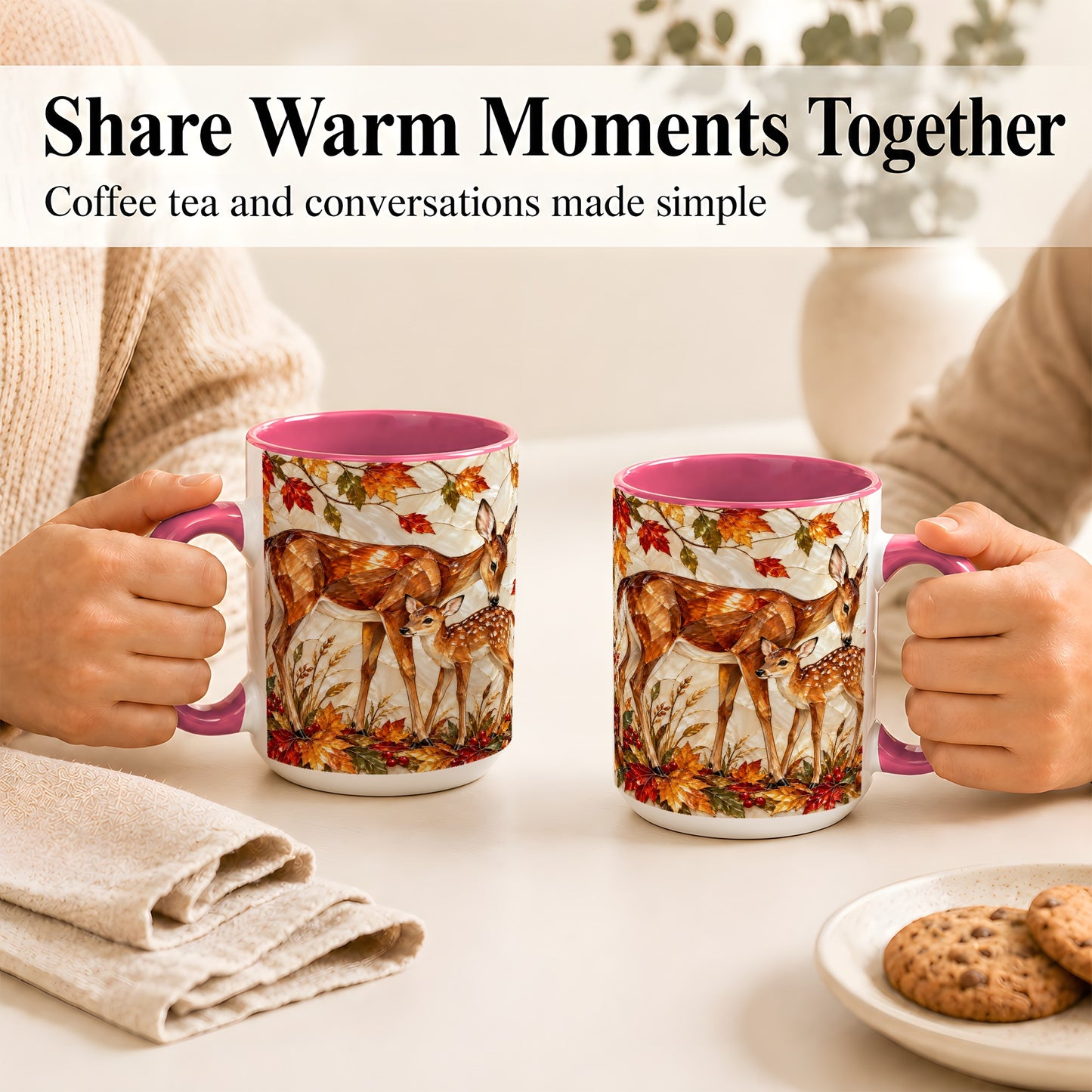 #pl[15oz|Pink] Stained Glass Deer Coffee Mug, Doe Fawn Fall Mug, Ceramic Cup