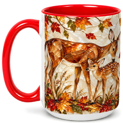 #pl[15oz|Red] Stained Glass Deer Coffee Mug, Doe Fawn Fall Mug, Ceramic Cup