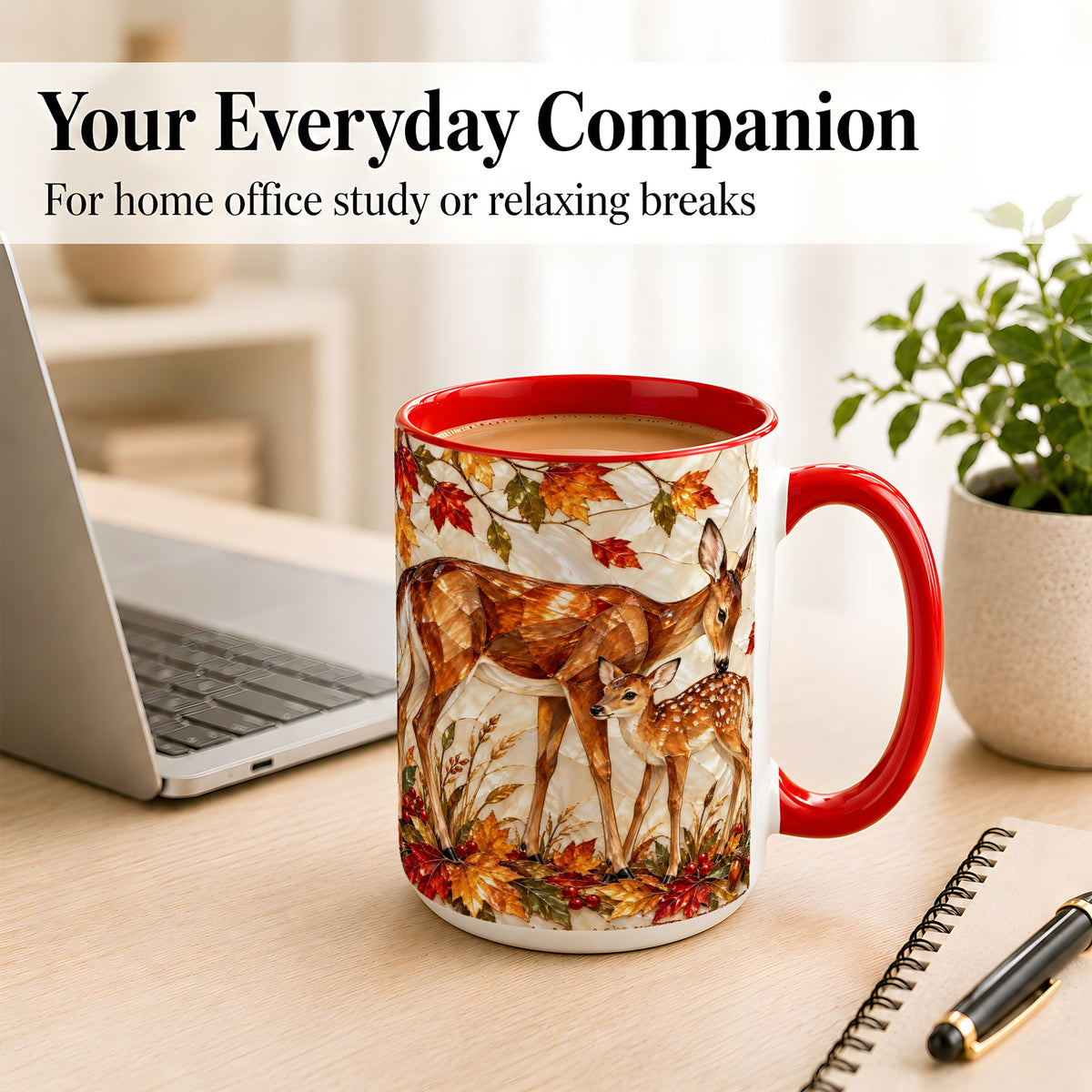 #pl[15oz|Red] Stained Glass Deer Coffee Mug, Doe Fawn Fall Mug, Ceramic Cup