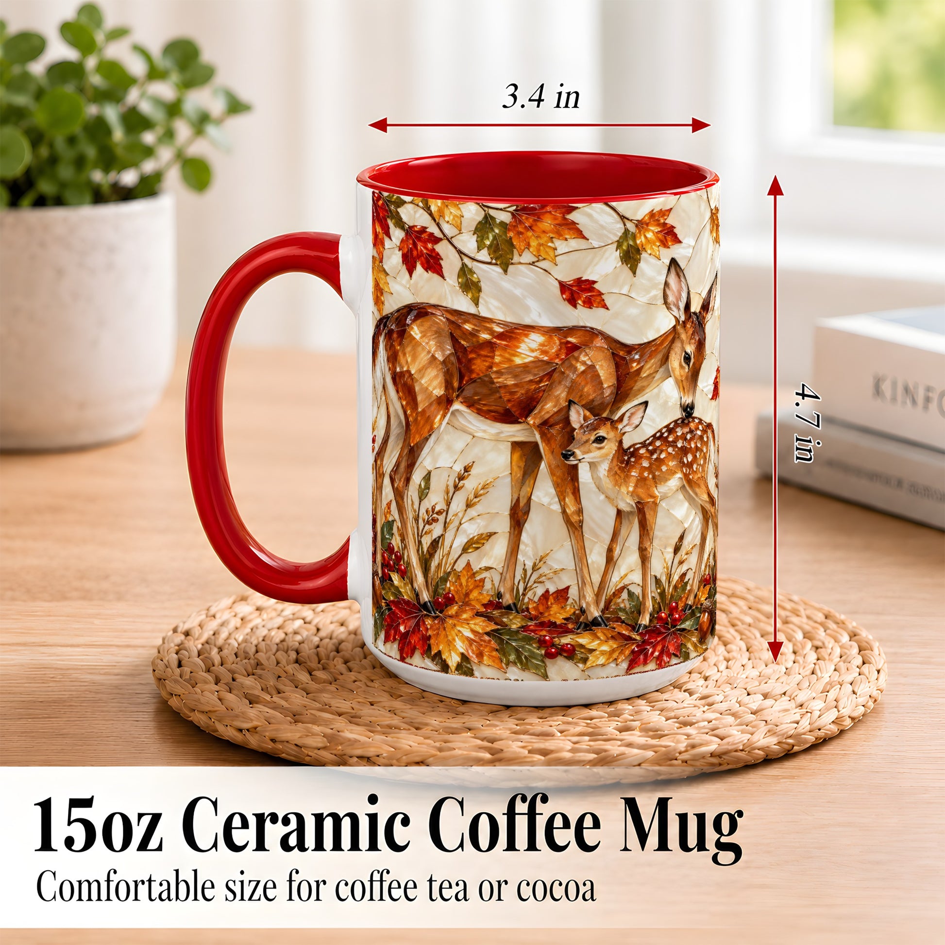 #pl[15oz|Red] Stained Glass Deer Coffee Mug, Doe Fawn Fall Mug, Ceramic Cup
