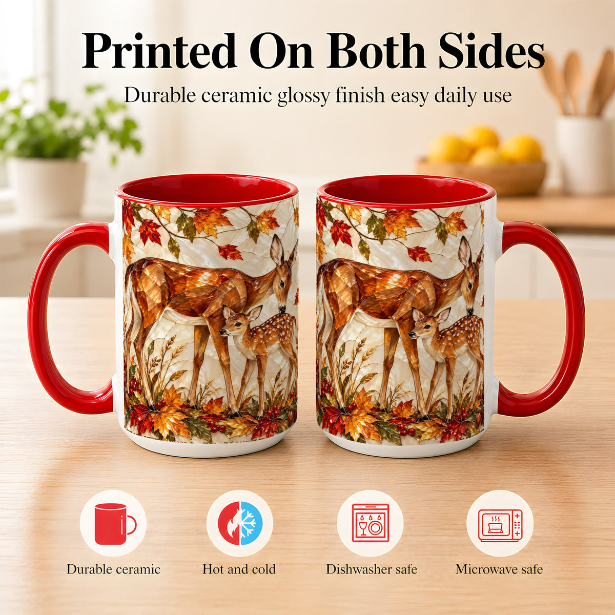 #pl[15oz|Red] Stained Glass Deer Coffee Mug, Doe Fawn Fall Mug, Ceramic Cup