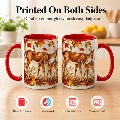 #pl[15oz|Red] Stained Glass Deer Coffee Mug, Doe Fawn Fall Mug, Ceramic Cup