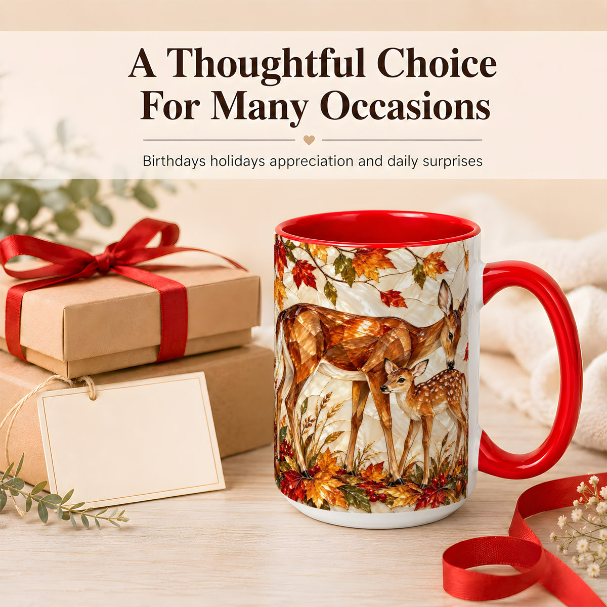 #pl[15oz|Red] Stained Glass Deer Coffee Mug, Doe Fawn Fall Mug, Ceramic Cup