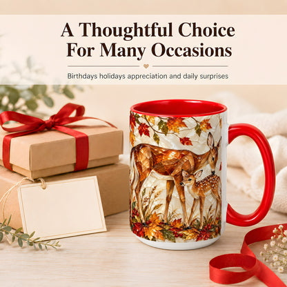 #pl[15oz|Red] Stained Glass Deer Coffee Mug, Doe Fawn Fall Mug, Ceramic Cup