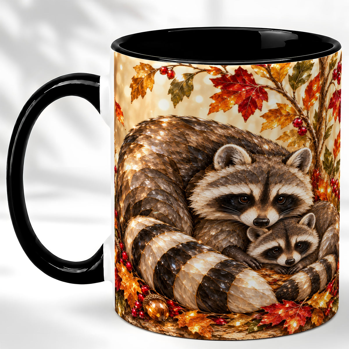 #pl[11oz|Black] Jeweled Raccoon Family Coffee Mug, Autumn Wildlife Mug, Ceramic Cup