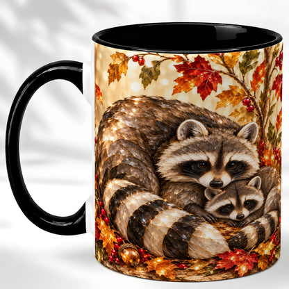#pl[11oz|Black] Jeweled Raccoon Family Coffee Mug, Autumn Wildlife Mug, Ceramic Cup