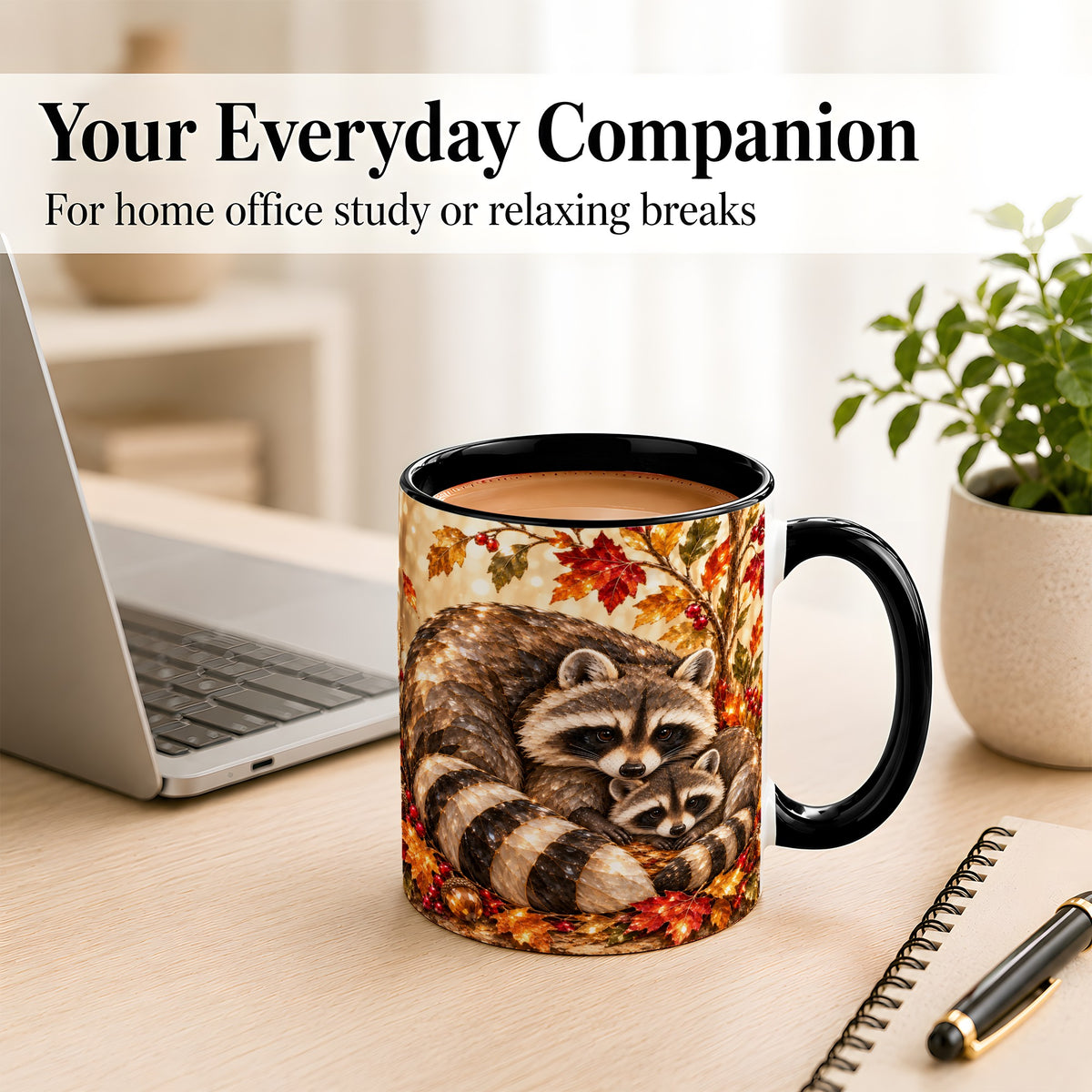 #pl[11oz|Black] Jeweled Raccoon Family Coffee Mug, Autumn Wildlife Mug, Ceramic Cup