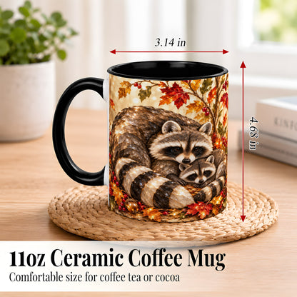 #pl[11oz|Black] Jeweled Raccoon Family Coffee Mug, Autumn Wildlife Mug, Ceramic Cup