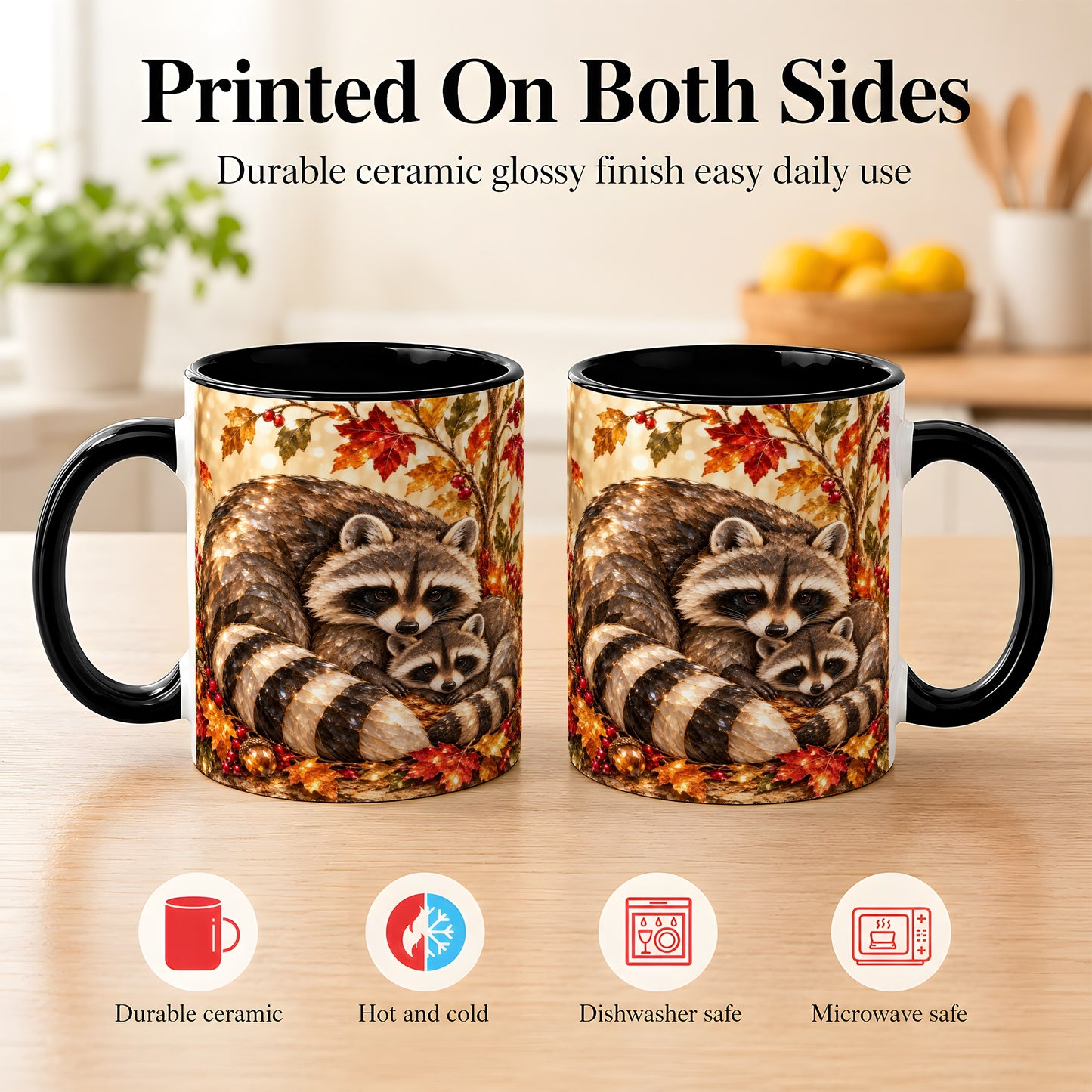 #pl[11oz|Black] Jeweled Raccoon Family Coffee Mug, Autumn Wildlife Mug, Ceramic Cup