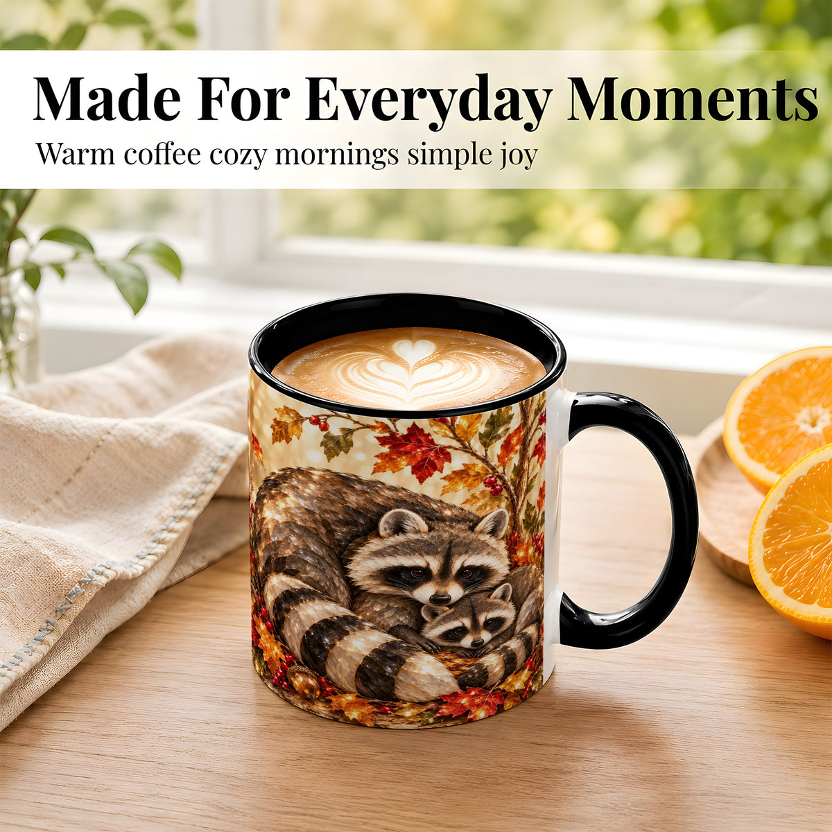 #pl[11oz|Black] Jeweled Raccoon Family Coffee Mug, Autumn Wildlife Mug, Ceramic Cup