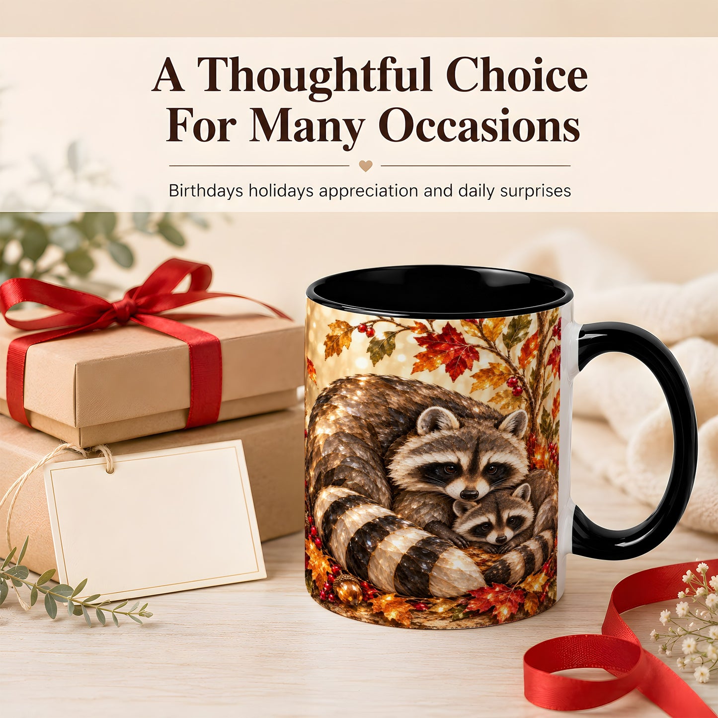#pl[11oz|Black] Jeweled Raccoon Family Coffee Mug, Autumn Wildlife Mug, Ceramic Cup