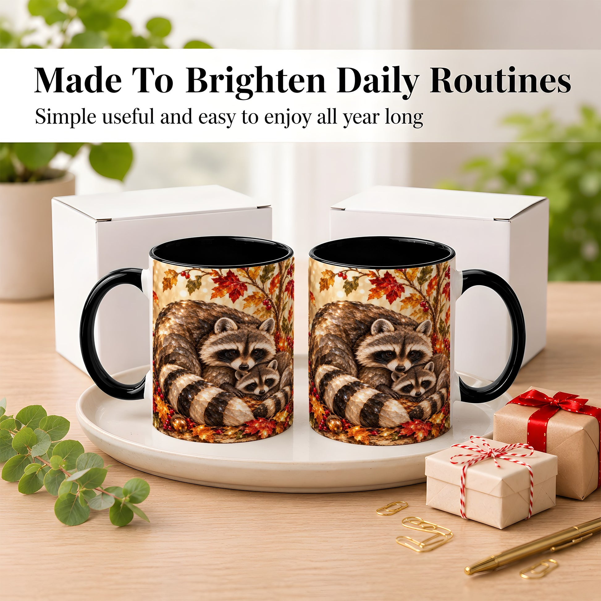 #pl[11oz|Black] Jeweled Raccoon Family Coffee Mug, Autumn Wildlife Mug, Ceramic Cup