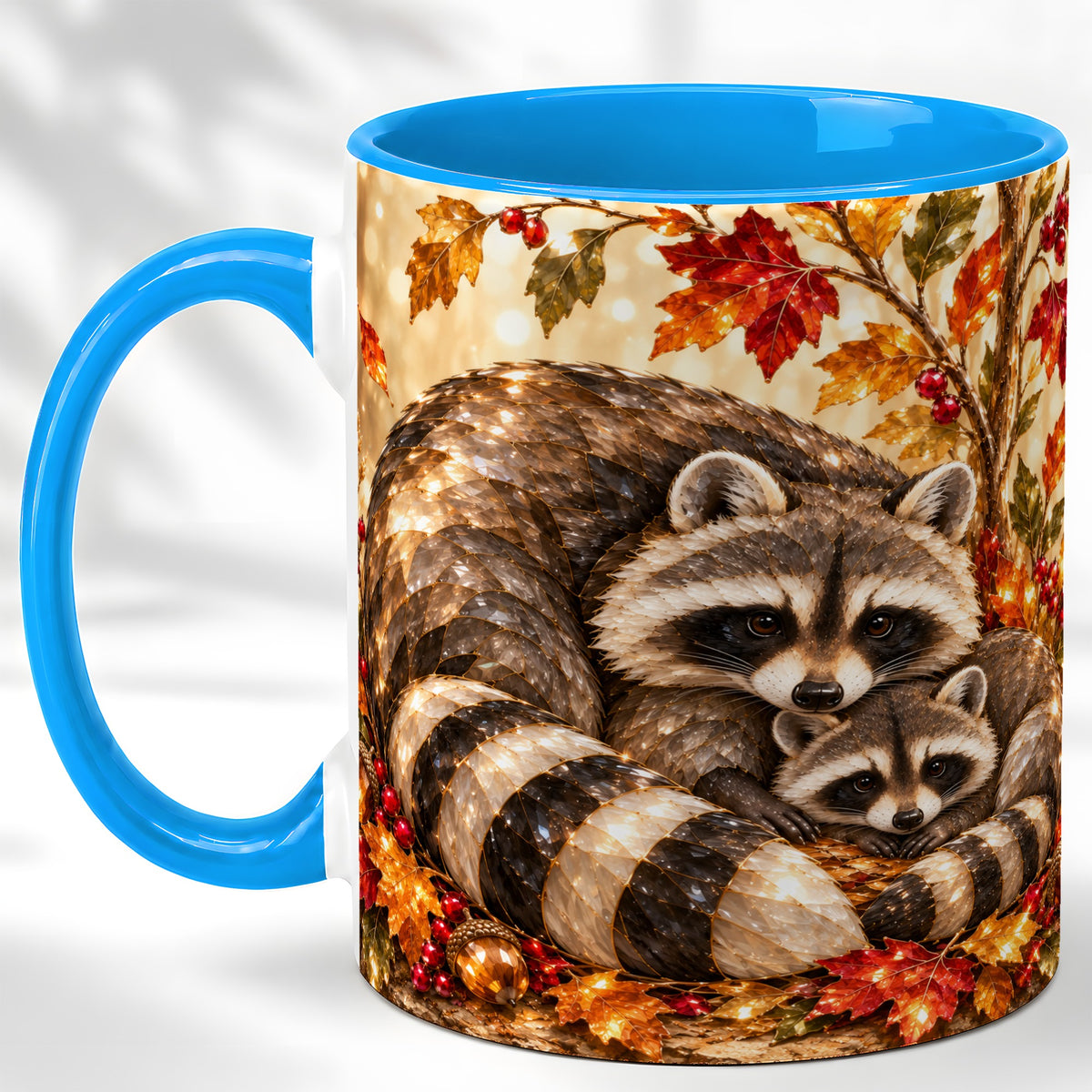 #pl[11oz|Blue] Jeweled Raccoon Family Coffee Mug, Autumn Wildlife Mug, Ceramic Cup