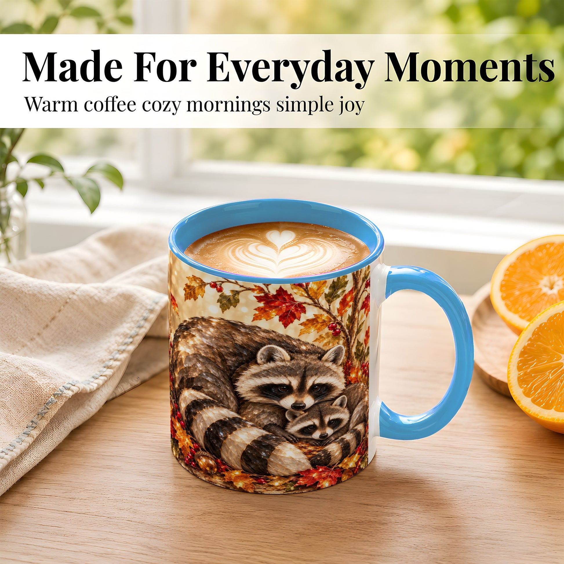 #pl[11oz|Blue] Jeweled Raccoon Family Coffee Mug, Autumn Wildlife Mug, Ceramic Cup
