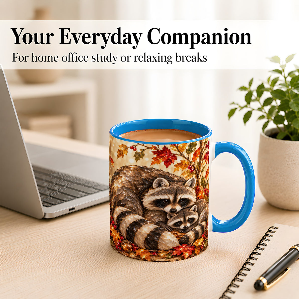 #pl[11oz|Blue] Jeweled Raccoon Family Coffee Mug, Autumn Wildlife Mug, Ceramic Cup