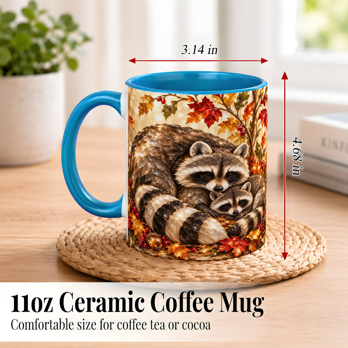 #pl[11oz|Blue] Jeweled Raccoon Family Coffee Mug, Autumn Wildlife Mug, Ceramic Cup