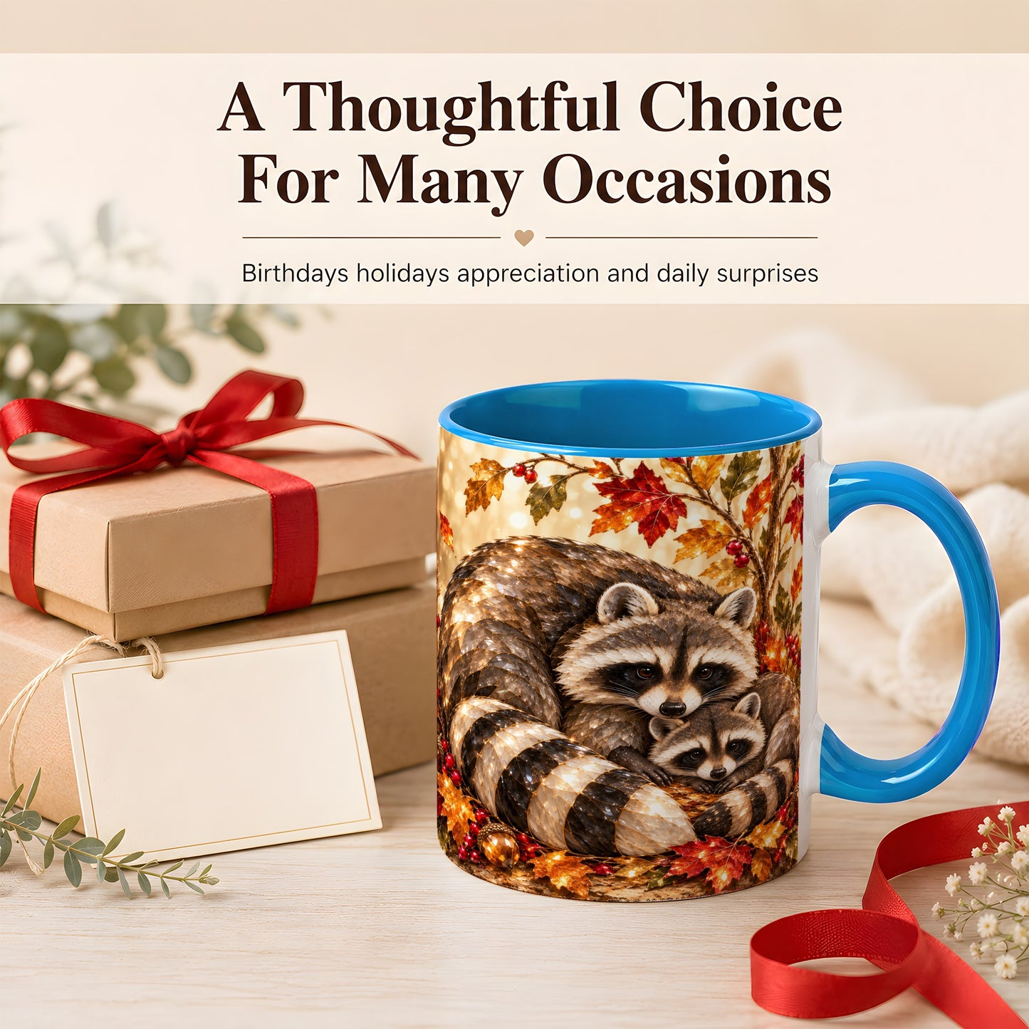 #pl[11oz|Blue] Jeweled Raccoon Family Coffee Mug, Autumn Wildlife Mug, Ceramic Cup