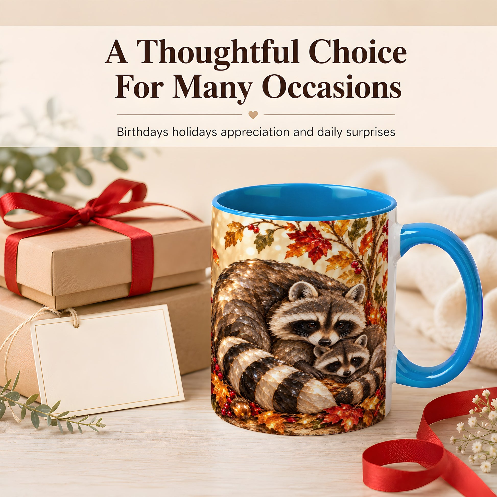 #pl[11oz|Blue] Jeweled Raccoon Family Coffee Mug, Autumn Wildlife Mug, Ceramic Cup