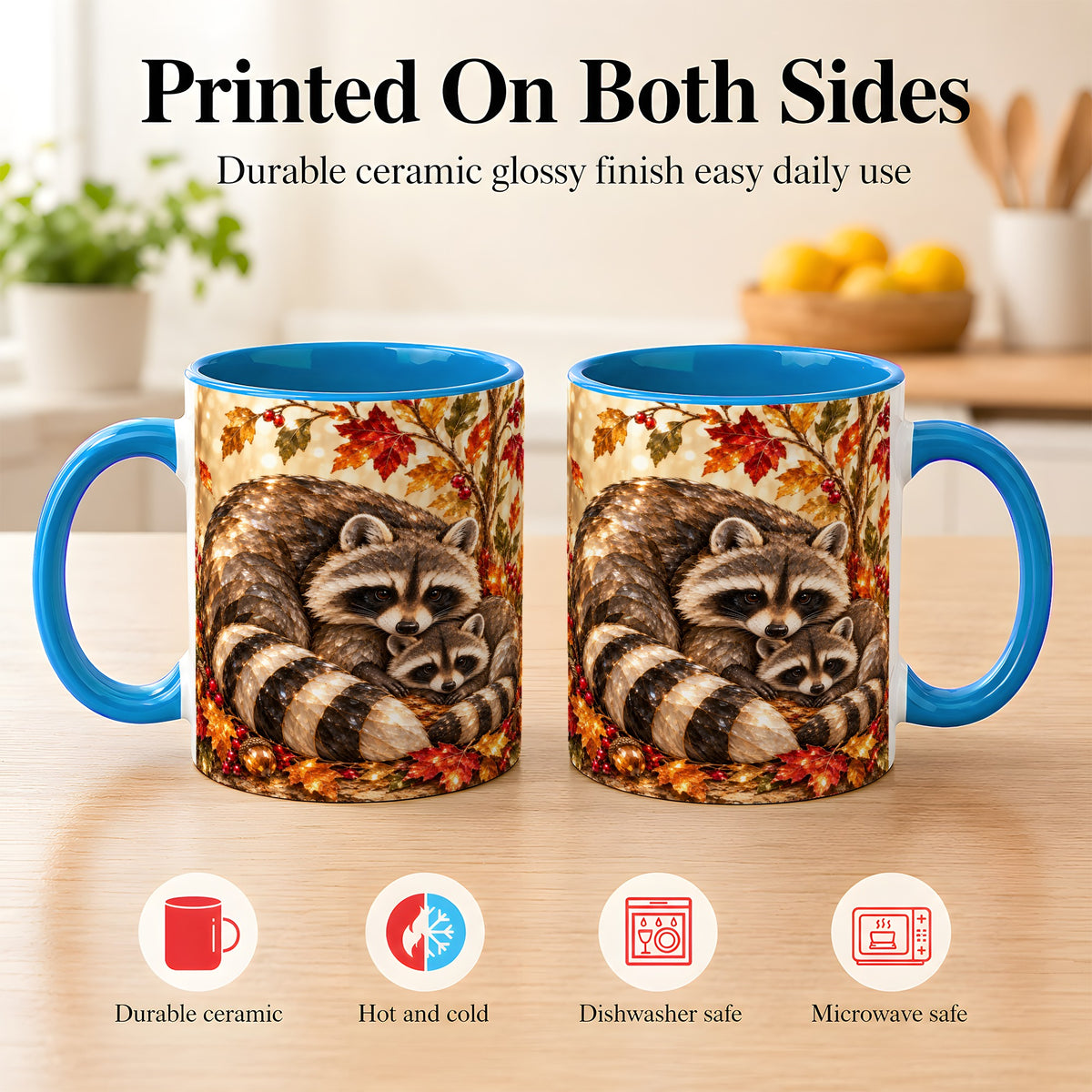 #pl[11oz|Blue] Jeweled Raccoon Family Coffee Mug, Autumn Wildlife Mug, Ceramic Cup