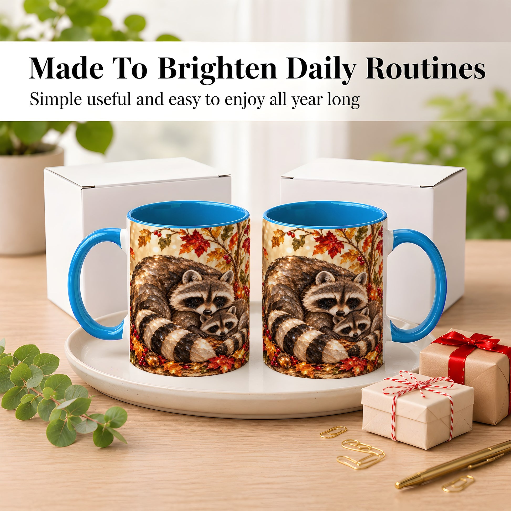 #pl[11oz|Blue] Jeweled Raccoon Family Coffee Mug, Autumn Wildlife Mug, Ceramic Cup