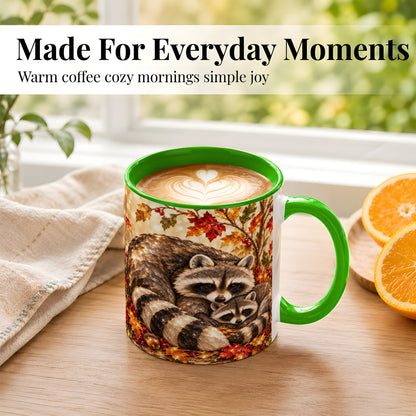 #pl[11oz|Green] Jeweled Raccoon Family Coffee Mug, Autumn Wildlife Mug, Ceramic Cup