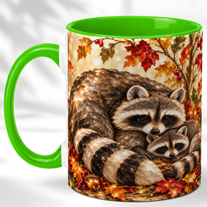 #pl[11oz|Green] Jeweled Raccoon Family Coffee Mug, Autumn Wildlife Mug, Ceramic Cup