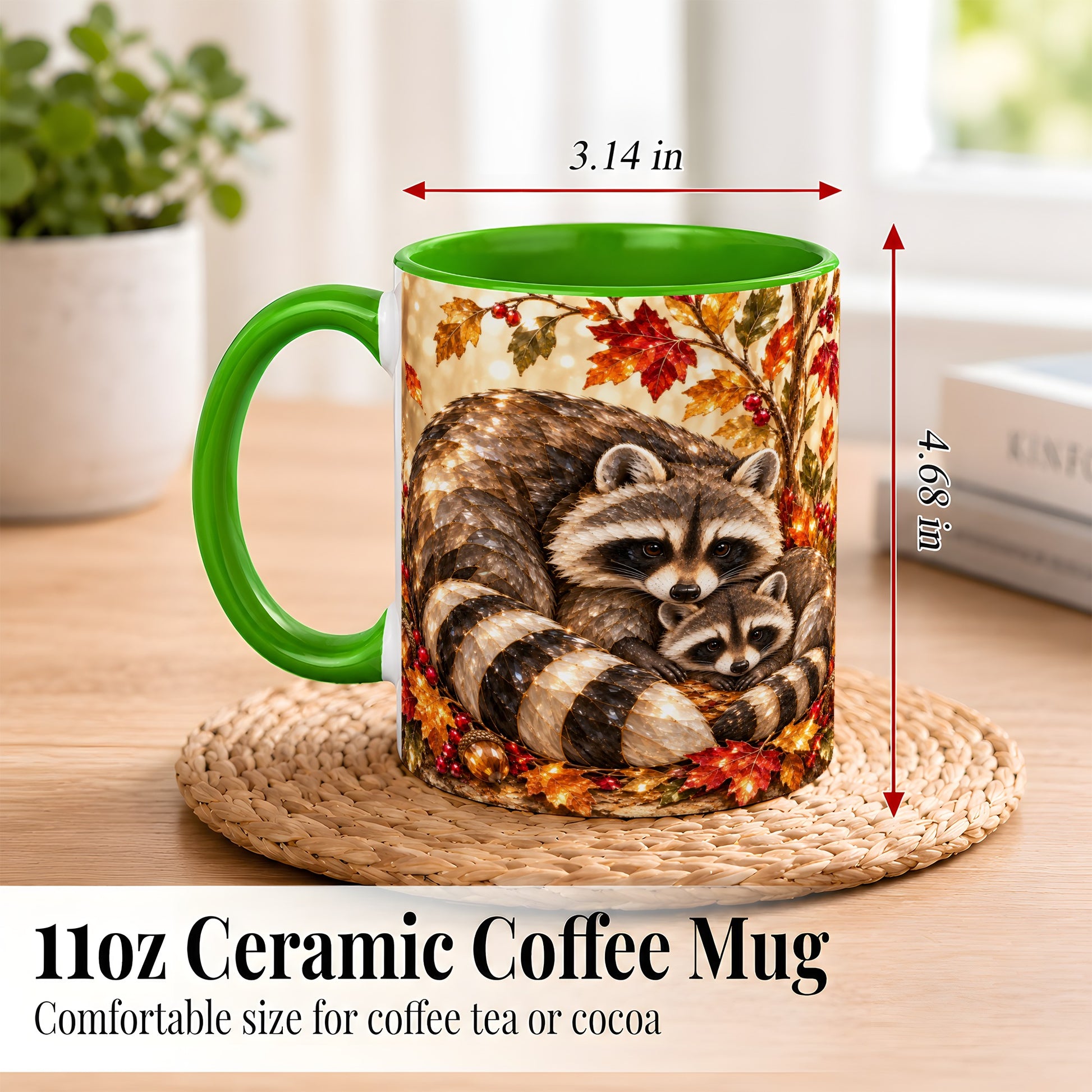 #pl[11oz|Green] Jeweled Raccoon Family Coffee Mug, Autumn Wildlife Mug, Ceramic Cup