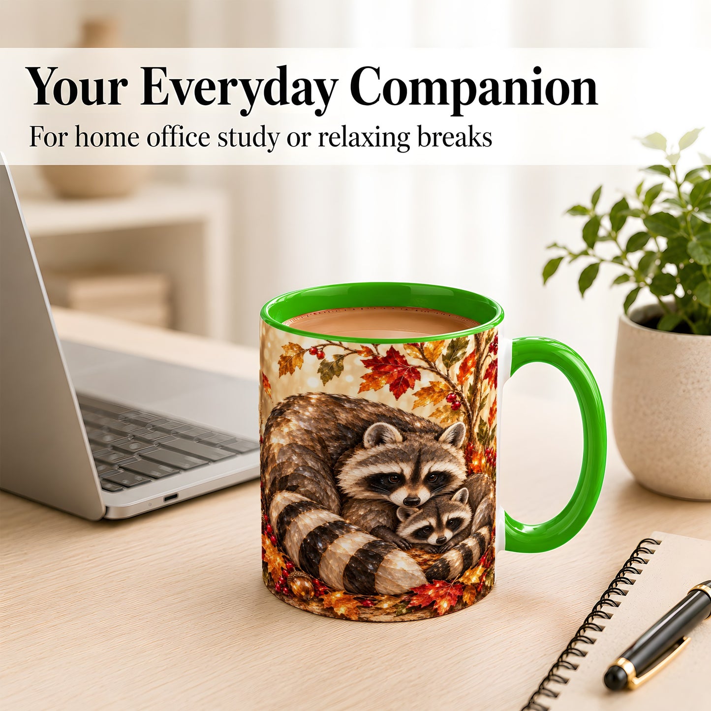 #pl[11oz|Green] Jeweled Raccoon Family Coffee Mug, Autumn Wildlife Mug, Ceramic Cup
