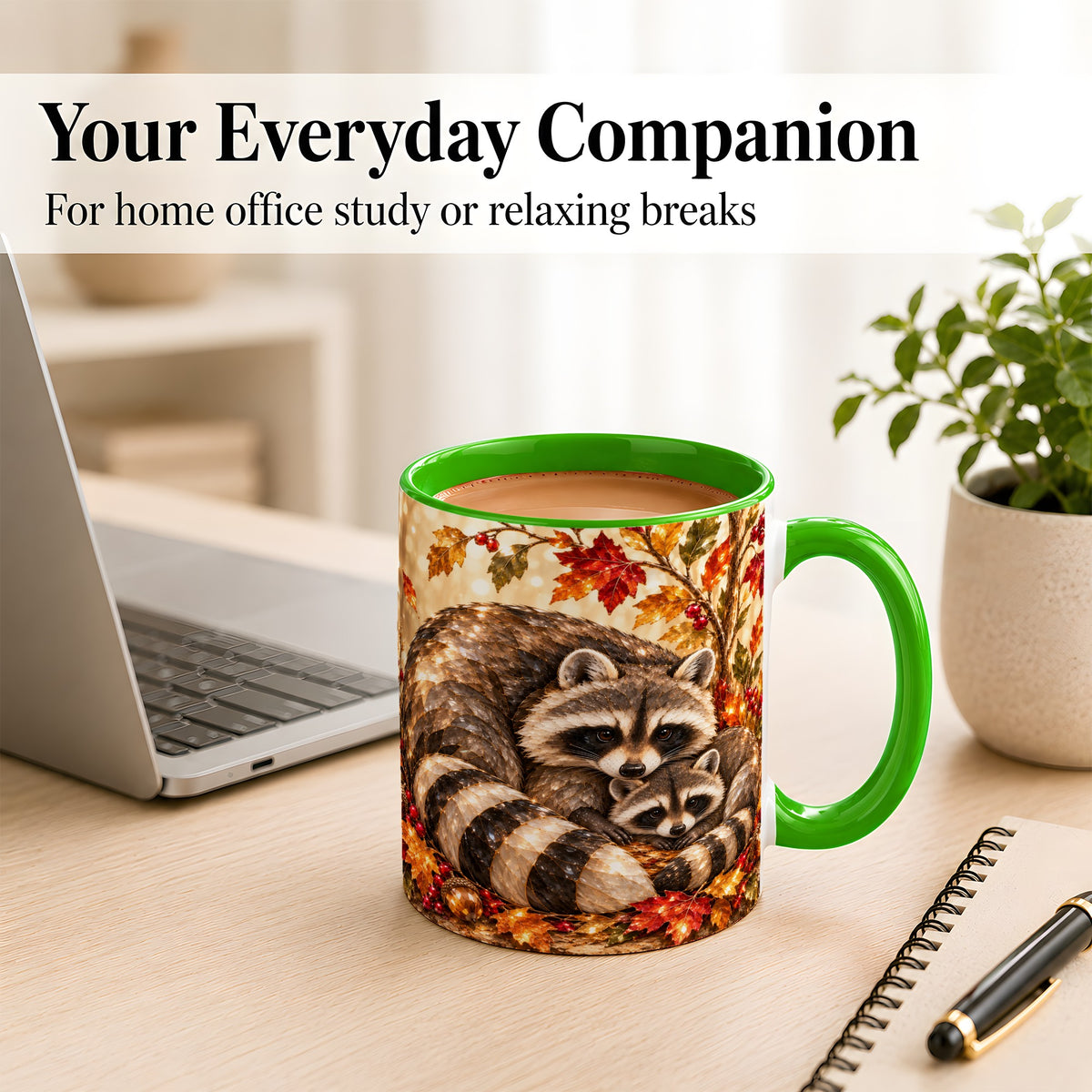 #pl[11oz|Green] Jeweled Raccoon Family Coffee Mug, Autumn Wildlife Mug, Ceramic Cup
