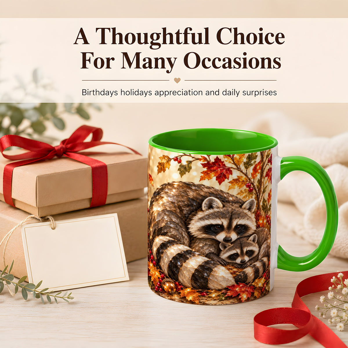 #pl[11oz|Green] Jeweled Raccoon Family Coffee Mug, Autumn Wildlife Mug, Ceramic Cup