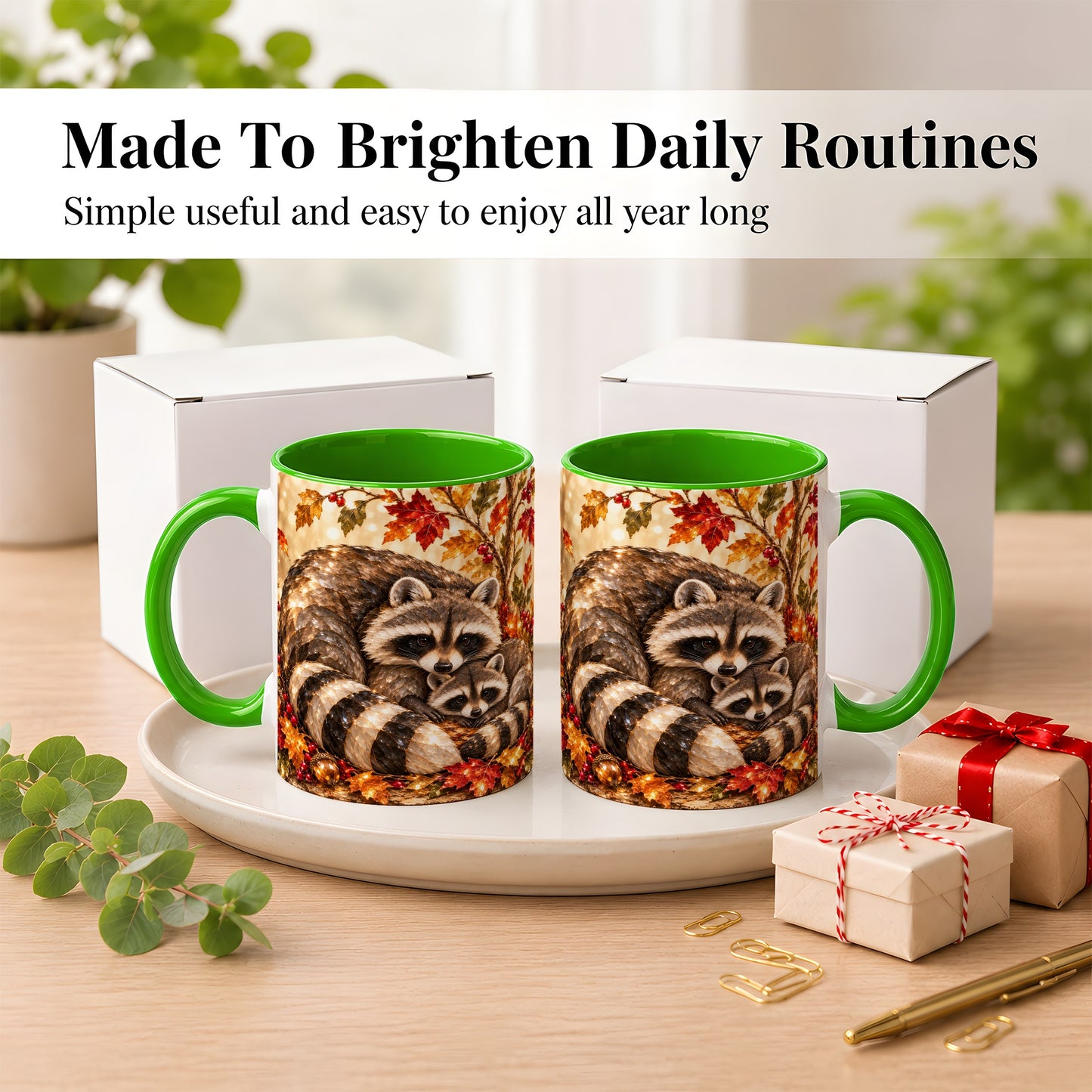 #pl[11oz|Green] Jeweled Raccoon Family Coffee Mug, Autumn Wildlife Mug, Ceramic Cup
