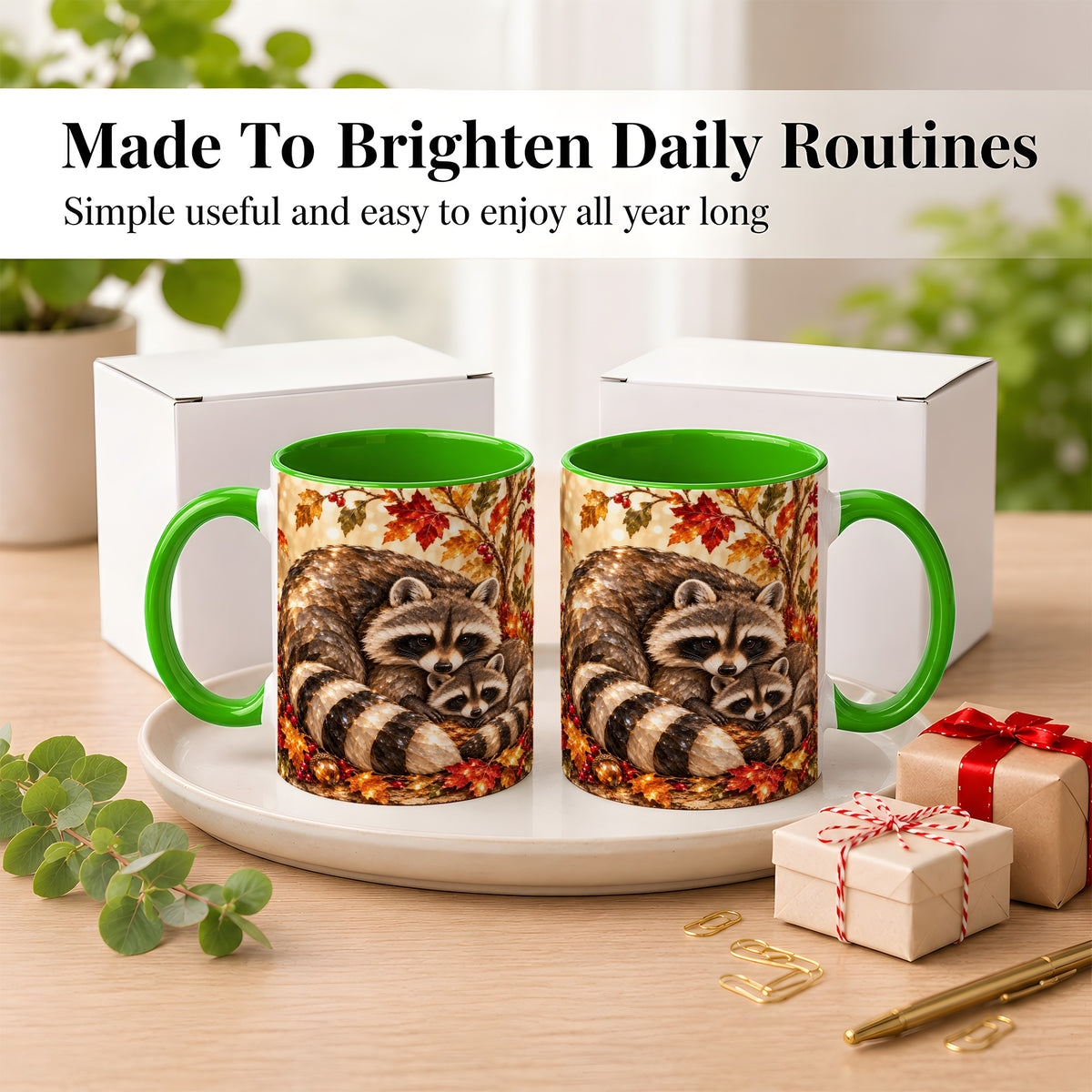 #pl[11oz|Green] Jeweled Raccoon Family Coffee Mug, Autumn Wildlife Mug, Ceramic Cup