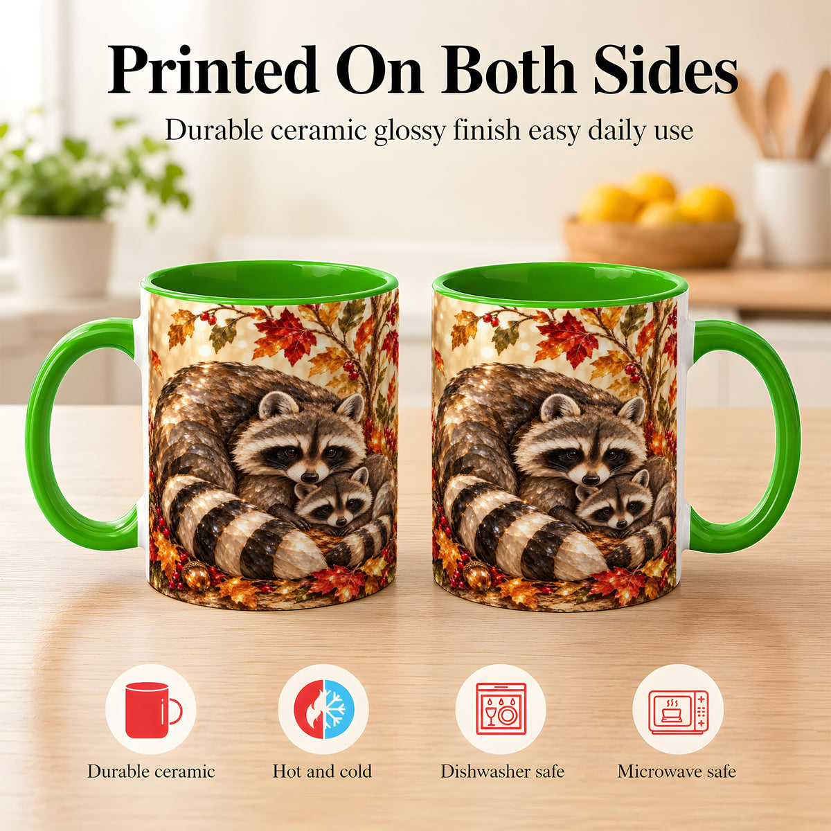 #pl[11oz|Green] Jeweled Raccoon Family Coffee Mug, Autumn Wildlife Mug, Ceramic Cup