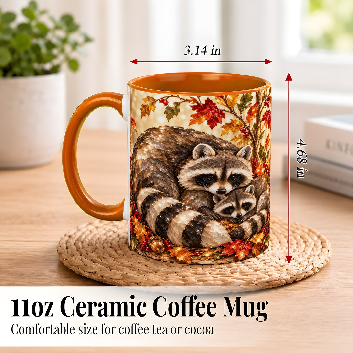 #pl[11oz|Orange] Jeweled Raccoon Family Coffee Mug, Autumn Wildlife Mug, Ceramic Cup