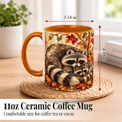 #pl[11oz|Orange] Jeweled Raccoon Family Coffee Mug, Autumn Wildlife Mug, Ceramic Cup