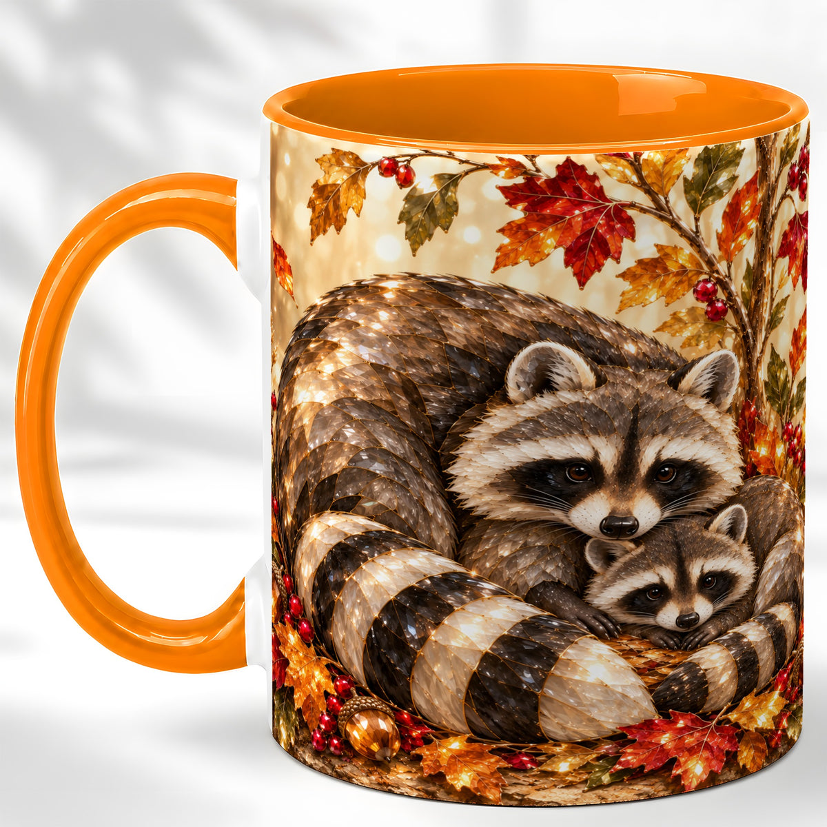 #pl[11oz|Orange] Jeweled Raccoon Family Coffee Mug, Autumn Wildlife Mug, Ceramic Cup
